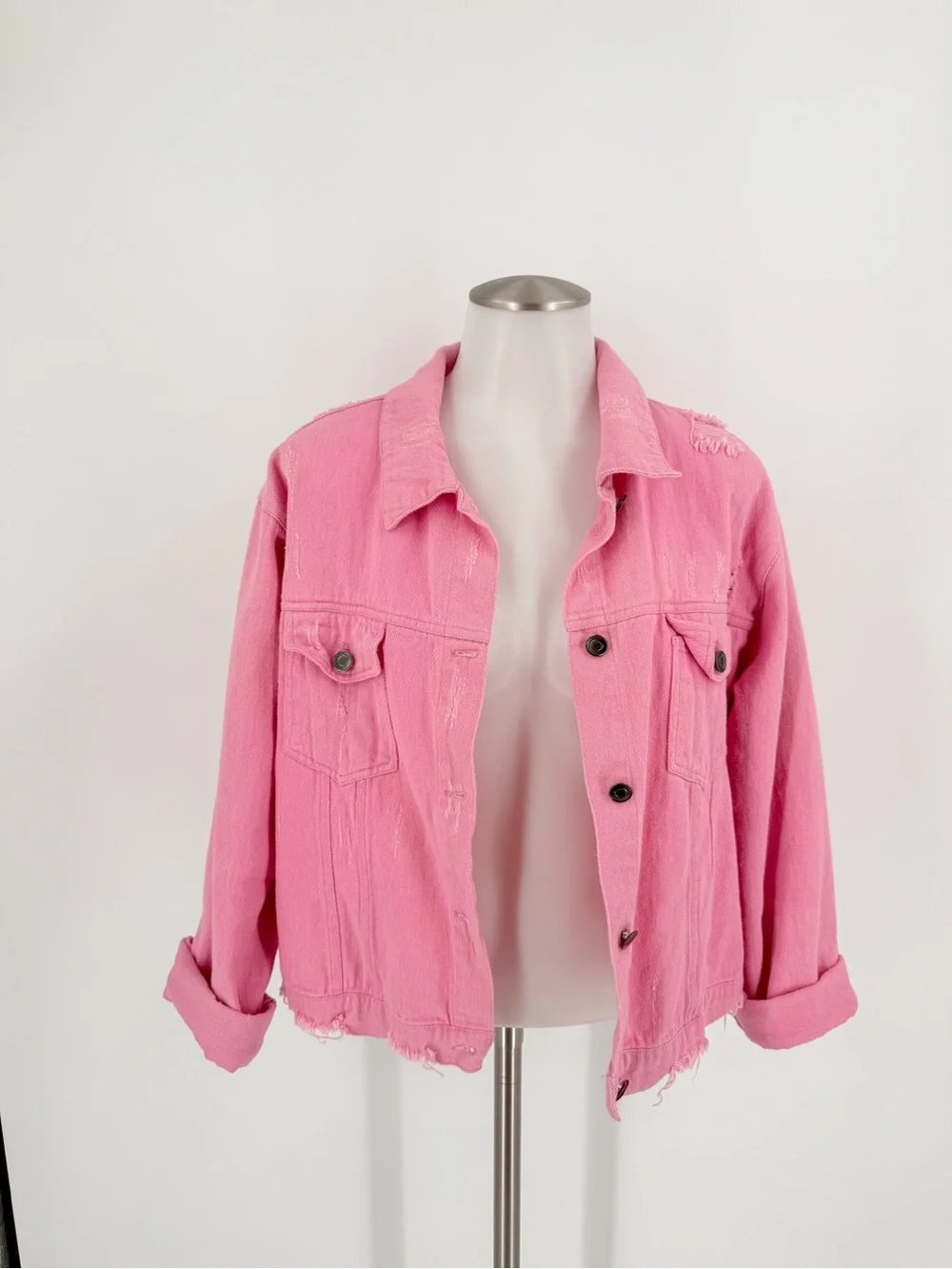 eesome Bubblegum Pink Distressed Denim Jacket - Picture 2 of 5